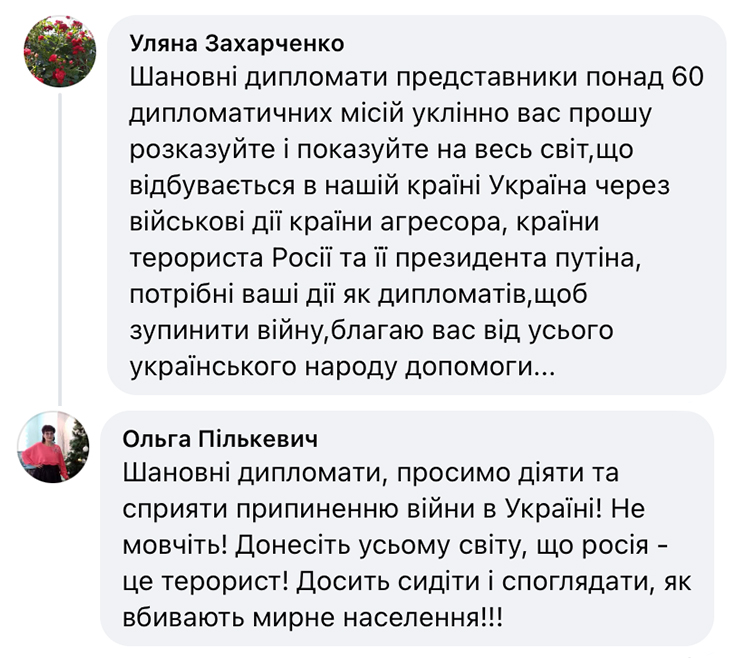 Реакція українських людей на приїзд до місця трагічних подій іноземних дипломатів.