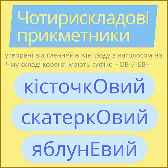 Наголос. Чотирискладові прикметники з наголосом на суфіксі -ОВ-/ -ЕВ- , утворені від іменників жіночого роду з наголосом не 1-му складі кореня