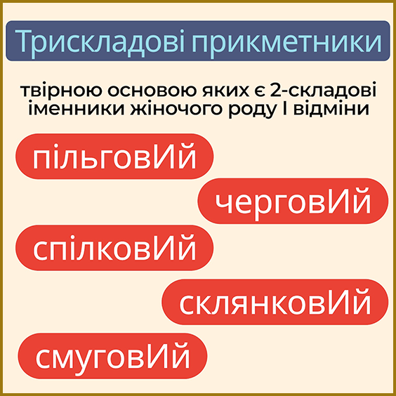 Наголос. Наголос прикметників - трискладові прикметники твірною основою яких є двоскладові іменники жіночого роду І відміни