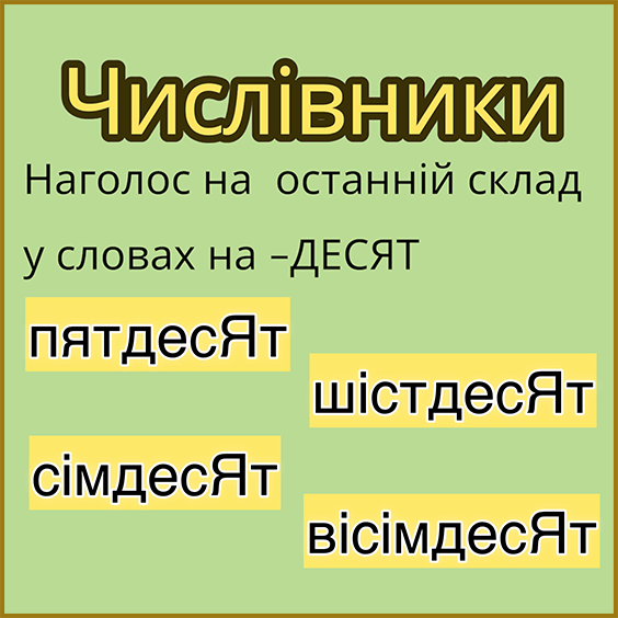 Наголос числівників. Правила (наголос на останній склад у словах на -ДЕСЯТ)