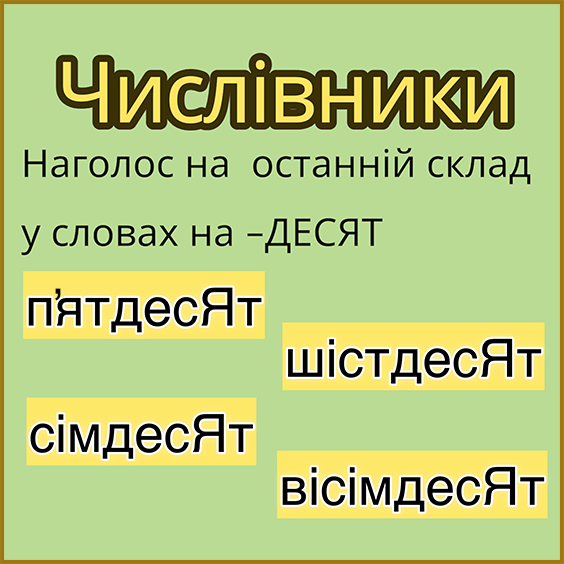 Наголос числівників. Правила (наголос на останній склад у словах на -ДЕСЯТ)