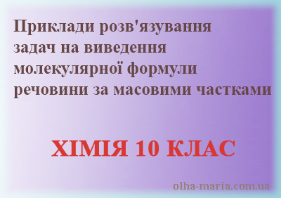 Приклади розв'язування задач на виведення молекулярної формули речовини за масовими частками (10 кл.)