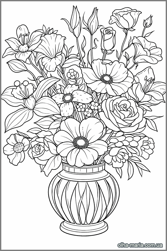 Розмальовка антистрес. Квіти у вазі Розмальовка букет у вазі - Flower Bouquet Coloring Page
