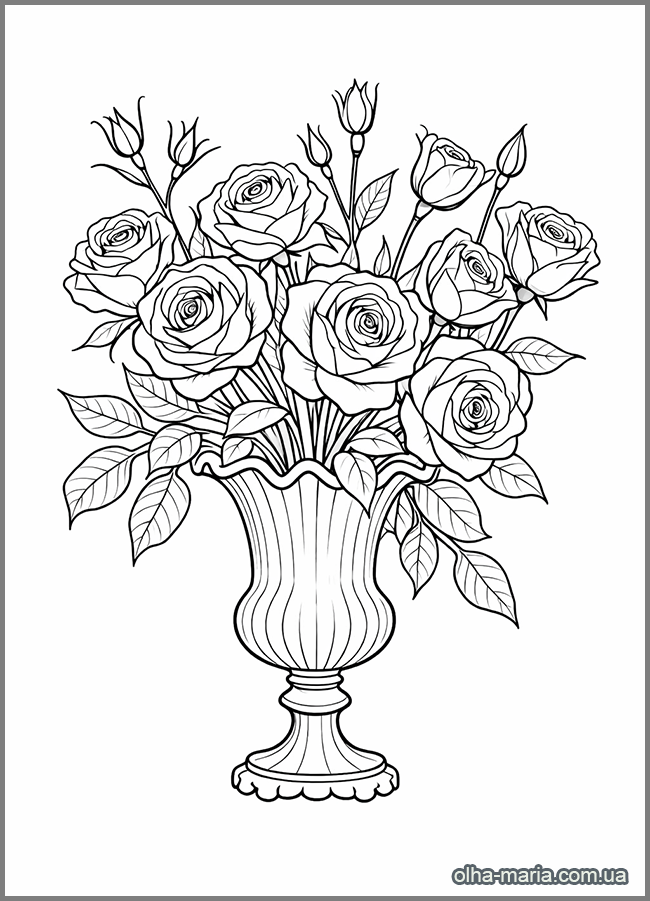 Розмальовка троянди у вазі Розмальовка букета квітів для друку - Printable Botanical Line Art for Adults