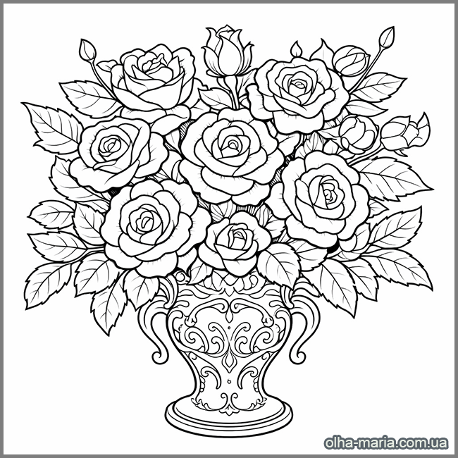 Розмальовки роздрукувати безкоштовно Розмальовка троянди - rose bouquet coloring sheet for adults